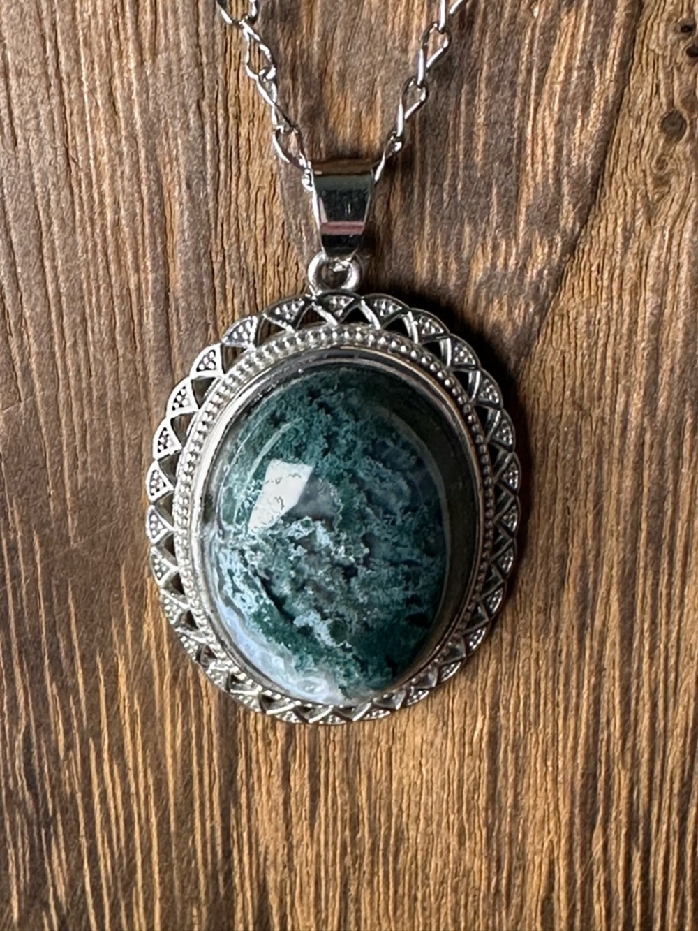 Silver-Tone Green Stone Oval Pendant Necklace - Women Jewelry - Picture 9 of 15